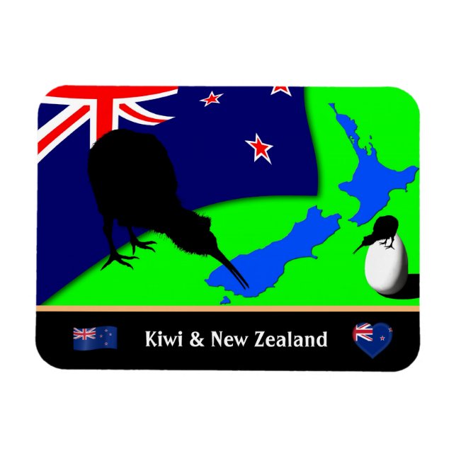 Magnet Flexible Kiwi Bird, Drapeau & Carte de la Nouvelle-Zélande  (Horizontal)