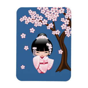 Magnet Flexible Kokeshi Doll en kimono rose sur fond bleu