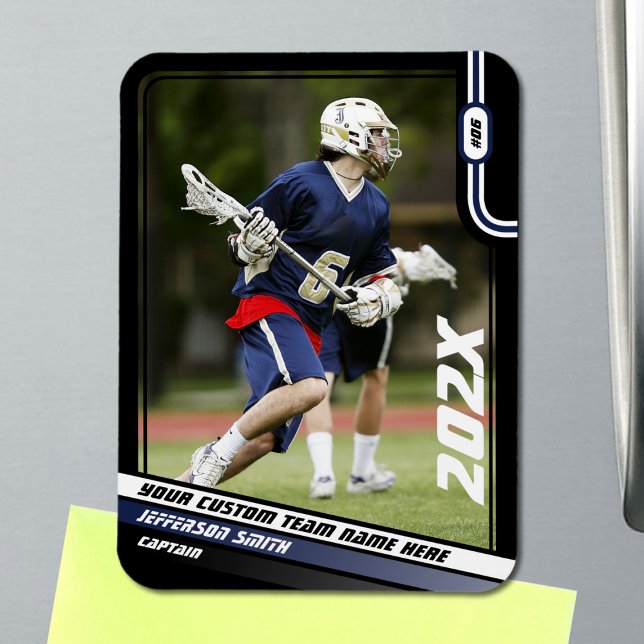 Magnet Flexible Lacrosse Player Trading Card en bleu noir (Lacrosse Player Magnet in Black with Custom Team Name and Blue White Elements)
