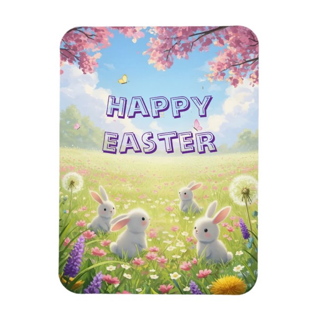 Magnet Flexible Lapin blanc mignon de Pâques lavande Fleurs de pri (Vertical)