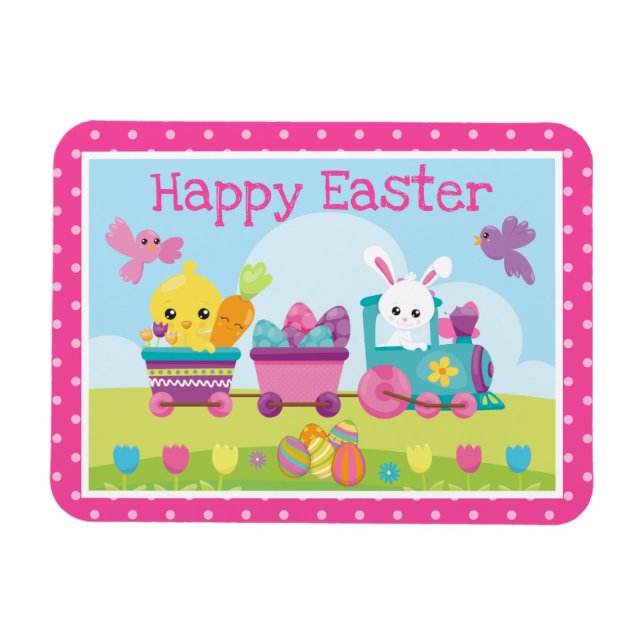 Magnet Flexible Lapin mignon, poussin et train d'oeufs en chocolat (Horizontal)