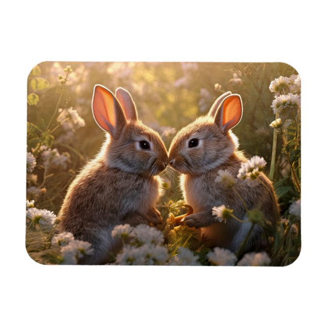 Magnet Flexible Lapins Adorables dans la Prairie de Printemps Desi (Horizontal)