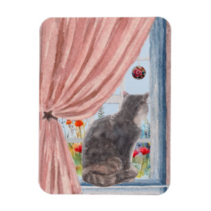 Magnet Flexible Le chat à la fenêtre Fleurs sereines Pittoresques