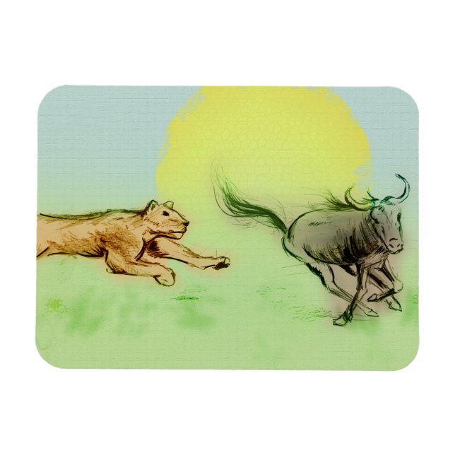 Magnet Flexible Le lion chasse le bison dans l'aimant photo sauvag (Horizontal)