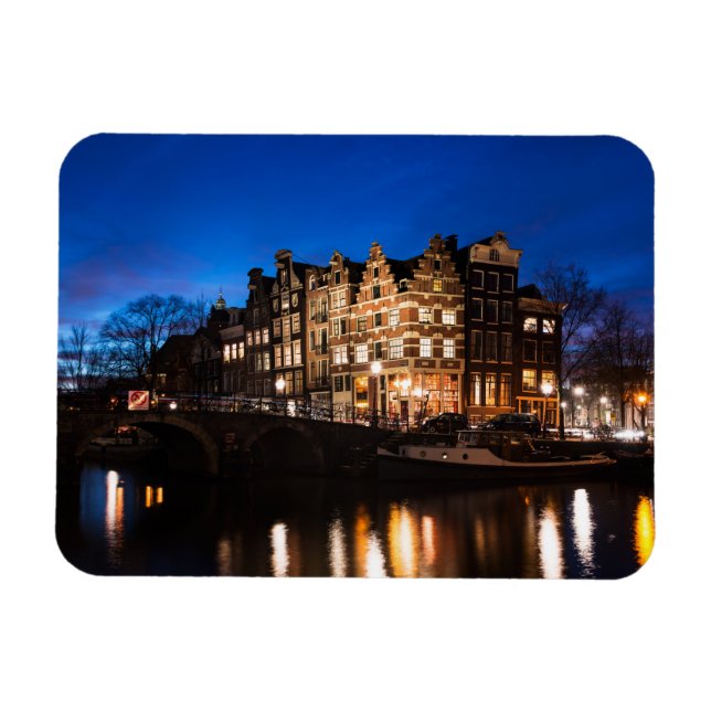 Magnet Flexible Les maisons du canal d'Amsterdam la nuit (Horizontal)