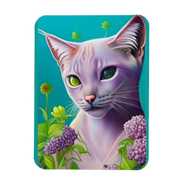 Magnet Flexible Lilac Chat Siamese en fleurs Lilac sur Turquoise (Vertical)