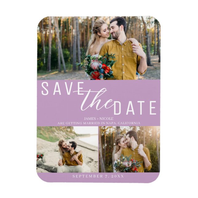 Magnet Flexible Lilas Violet Enregistrer la date Mariage 3 Photos (Vertical)