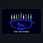Magnet Flexible Lion bleu Menorah<br><div class="desc">Pour votre parti Chanukkah. Il présente une menorah Chanukkah sur le thème du lion,  superposée à un arrière - plan étoilé,  avec les huit bougies et le shamash brûler. Ajoutez votre propre texte. Chanukkah est le "Festival des lumières" du milieu de l'hiver.</div>