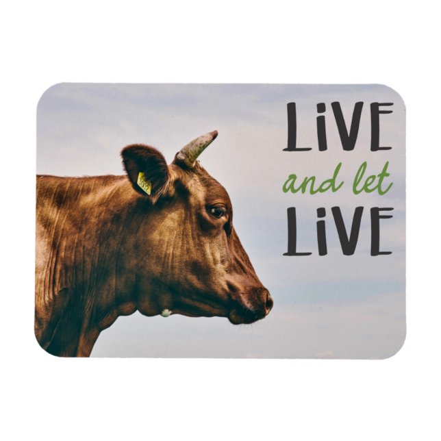 Magnet Flexible Live and let live with brown cow portrait vegan (Horizontal)