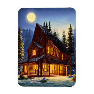 Magnet Flexible Log Cabine Dans Les Bois Paysage Neige Art