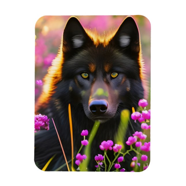 Magnet Flexible Loup noir en fleurs roses (Vertical)
