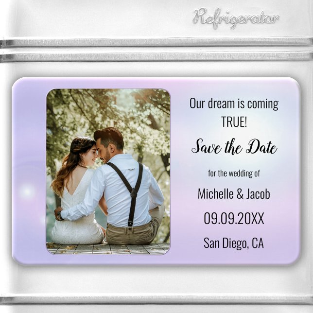 Magnet Flexible Lumières Bleues Lilas Rêveuses Photo Enregistrer l (Save the Date magnet featuring your own photo framed by a romantic dreamy lilac blue lights design.)