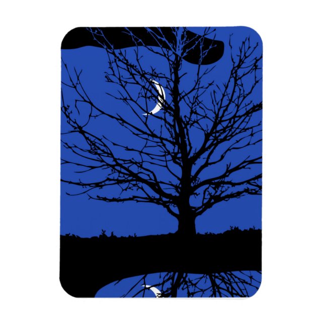 Magnet Flexible Lune avec arbre, Bleu Cobalt, Noir et Blanc (Vertical)