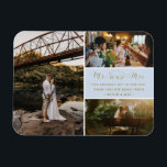 Magnet Flexible M. et Mme Merci Photo Collage bleu et or<br><div class="desc">Écriture en bleu et or "Mr and Mrs" mariage de design merci magnets avec trois de vos photos de mariage préférées. Montrez à votre famille et à vos amis votre appréciation d'avoir participé à votre célébration mariage avec l'un de ces beaux cadeaux. Customisez avec votre message court et vos noms....</div>