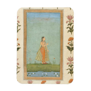 Magnet Flexible Madame tenant une fleur, se tenant prêt un étang