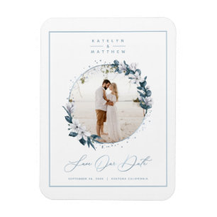 Magnet Flexible Magnolia & Dusty Blue Circle Photo Save The Date