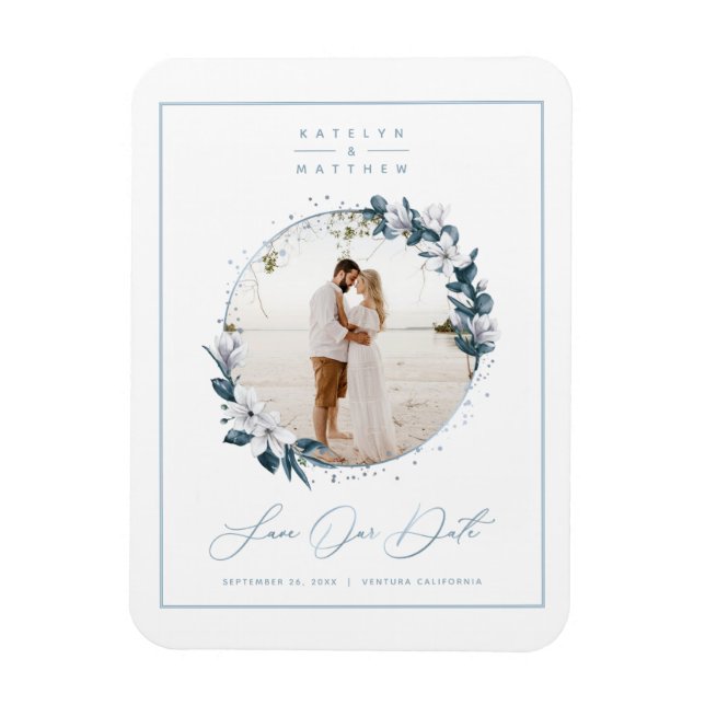 Magnet Flexible Magnolia & Dusty Blue Circle Photo Save The Date (Vertical)