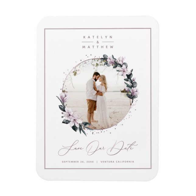 Magnet Flexible Magnolia Floral & Mauve Circle Photo Save The Date (Vertical)