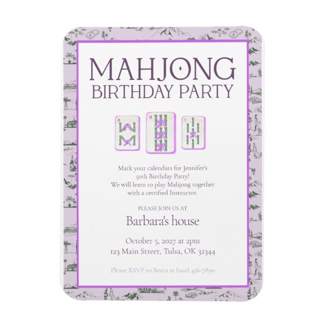 Magnet Flexible Mahjong Birthday Party Invitation, purple toile (Vertical)