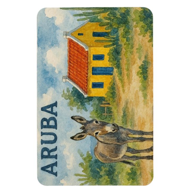 Magnet Flexible Maison cunucu jaune d'Aruba avec âne aquarelle (Vertical)