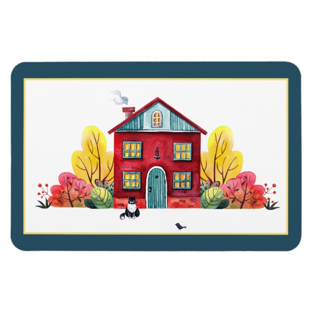 Magnet Flexible Maison d'automne et chat (Horizontal)