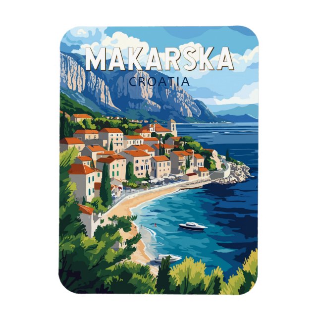 Magnet Flexible Makarska Croatie Illustration Voyage Art Vintage (Vertical)