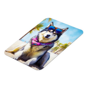 Magnet Flexible Malamute d'Alaska sur la plage, cadeau d'été