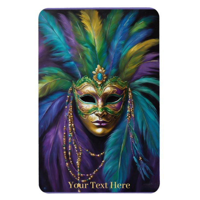 Magnet Flexible Mardi Gras Masque perles de plumes Carnaval Texte  (Vertical)