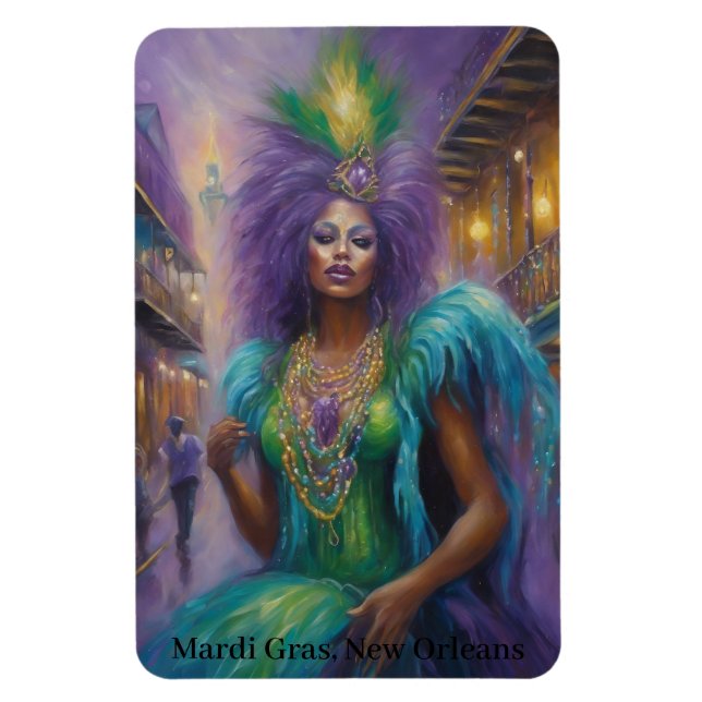 Magnet Flexible Mardi Gras Reine En Costume Plumes & Perles Texte (Vertical)