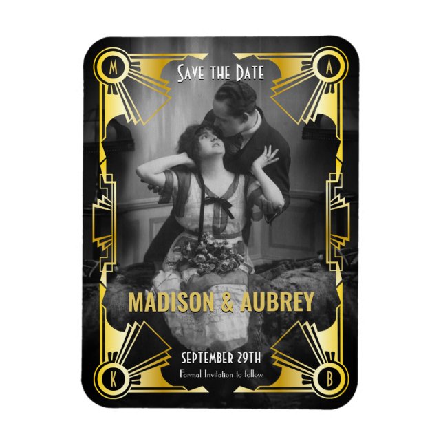 Magnet Flexible Mariage Art Déco Enregistrer la date Gold & Black  (Vertical)