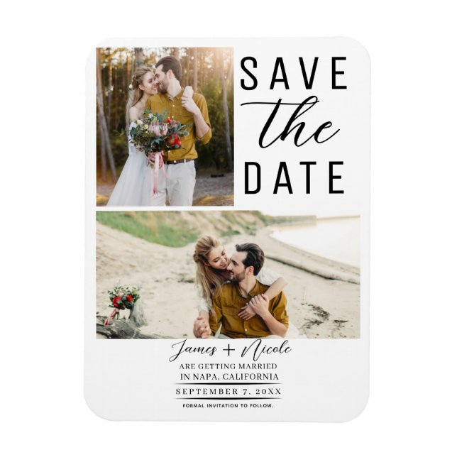 Magnet Flexible Mariage Blanc Moderne 2 Photos Enregistrez la Date (Vertical)