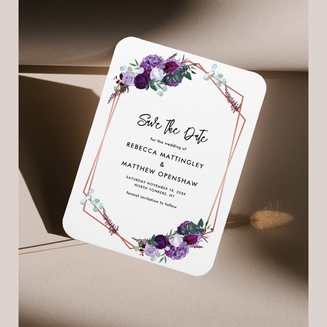 Magnet Flexible Mariage botanique floral violet Enregistrer la dat (Purple Floral Geometric Wedding Save the Date Magnet)