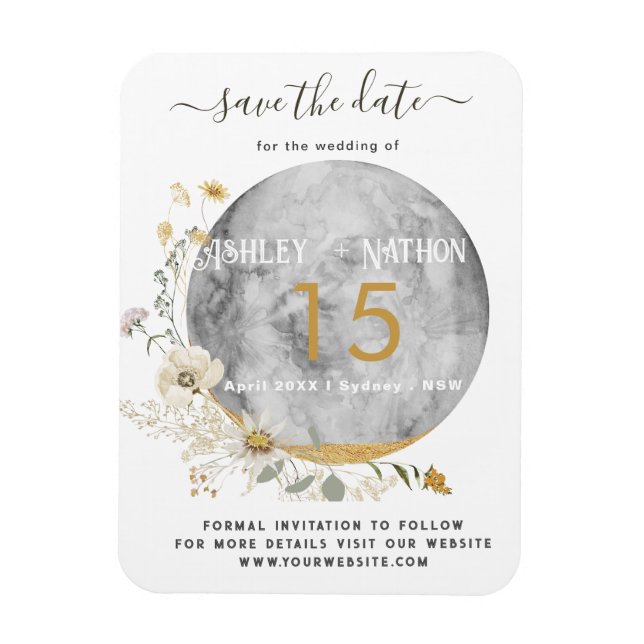 Magnet Flexible Mariage d'aquarelle or Pleine lune Fleur sauvage (Vertical)
