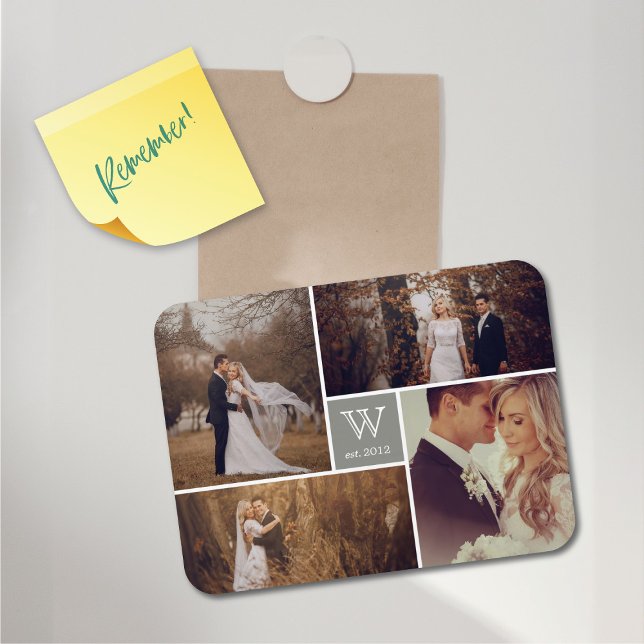 Magnet Flexible Mariage de bloc moderne Monogramme Photo Collage M (Modern Block Wedding Monogram 4 Photo Collage Flexible Magnet @ fat_fa_tin)