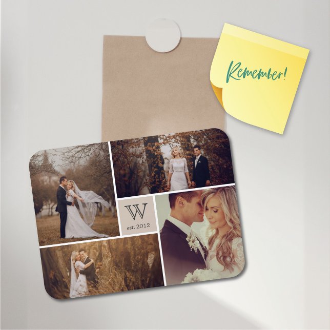 Magnet Flexible Mariage de bloc moderne Monogramme Photo Collage M (Modern Block Wedding Monogram 4 Photo Collage Flexible Magnet @ fat_fa_tin)