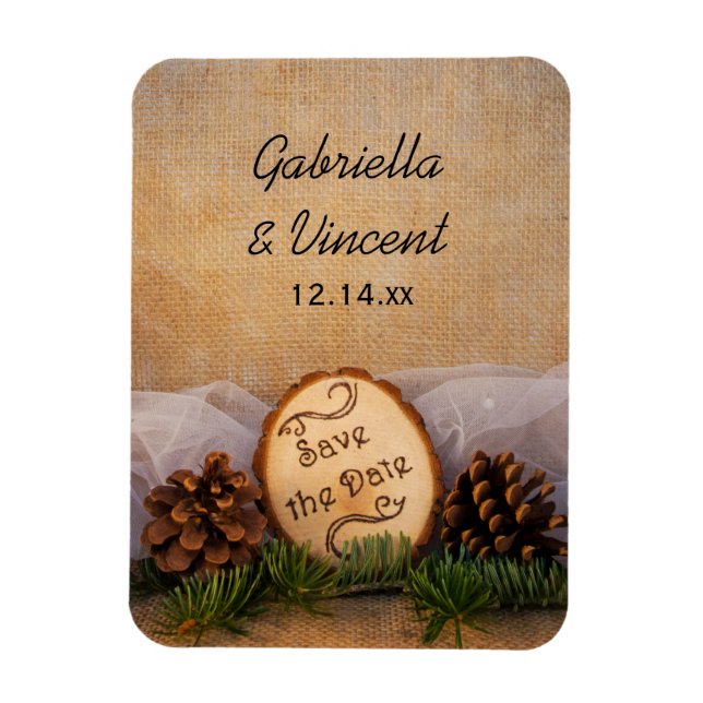 Magnet Flexible Mariage de bois de pins rustiques Sauvez la date (Vertical)