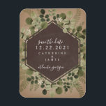 Magnet Flexible Mariage de tableau de bord géométrique botanique<br><div class="desc">Un mariage sauve l'aimant de date avec un design botanique avec un motif géométrique de tableau noir sur un arrière - plan marron.</div>