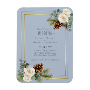 Magnet Flexible Mariage d'hiver Roses blanches Or Dusty Bleu