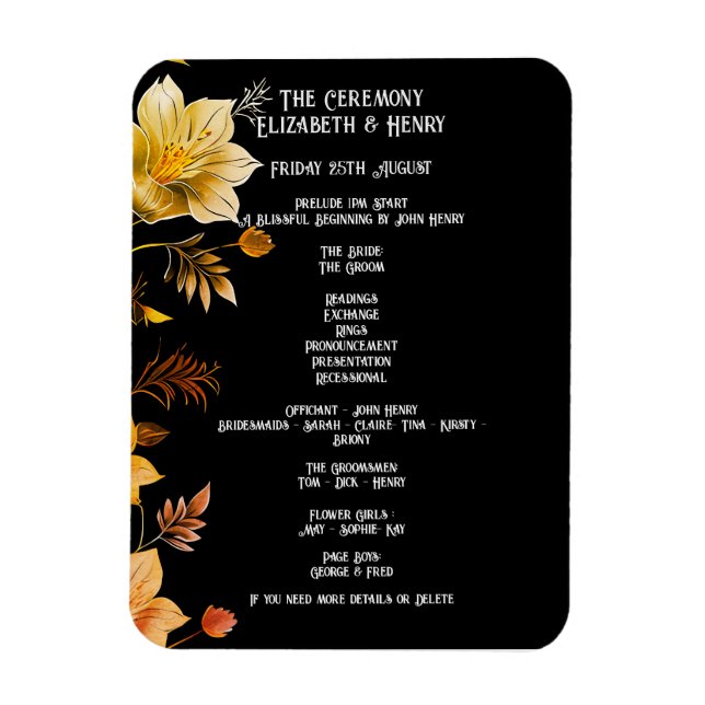 Magnet Flexible Mariage élégant Invitations florales noir et or (Vertical)