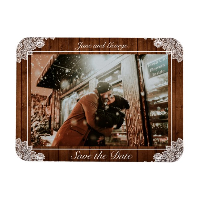 Magnet Flexible Mariage en bois rustique et dentelle blanche (Horizontal)