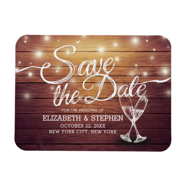 Magnet Flexible Mariage Enregistrer La Date Champagne Verres Bois  (Horizontal)
