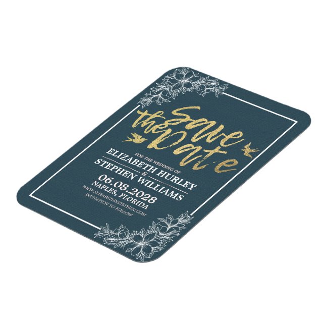 Magnet Flexible Mariage Enregistrer La Date Chic Blue Gold Script  (Côté Gauche)