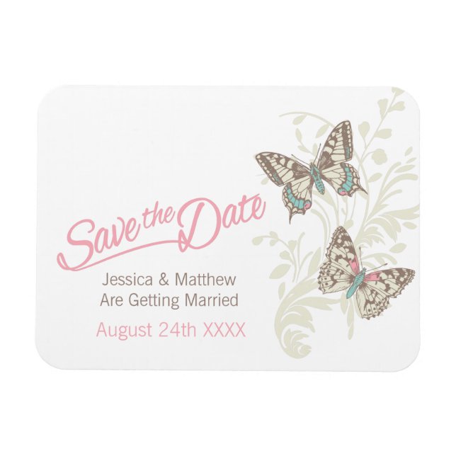 Magnet Flexible Mariage enregistrer la date papillons aimant rose (Horizontal)