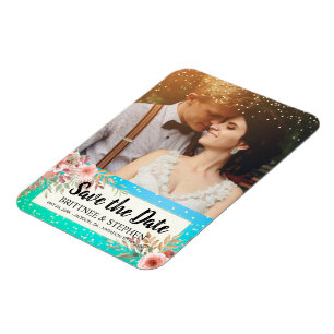 Magnet Flexible Mariage Enregistrer La Date Photo Floral Turquoise