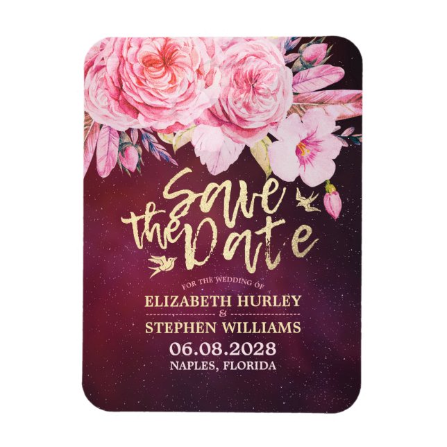 Magnet Flexible Mariage Enregistrer La Date Plumes Florales Burgun (Vertical)