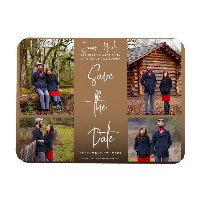 Magnet Flexible Mariage Moderne Marron 4 Photos Enregistrer la Dat (Horizontal)
