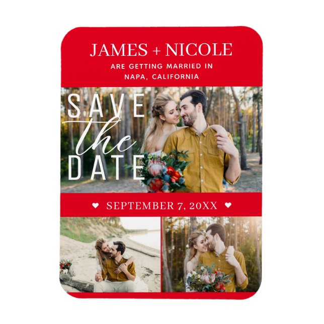 Magnet Flexible Mariage Moderne Rouge & Blanc Enregistrer la Date  (Vertical)