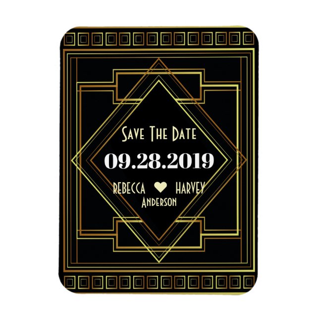 Magnet Flexible mariage noir et or gatsby enregistrer la date (Vertical)