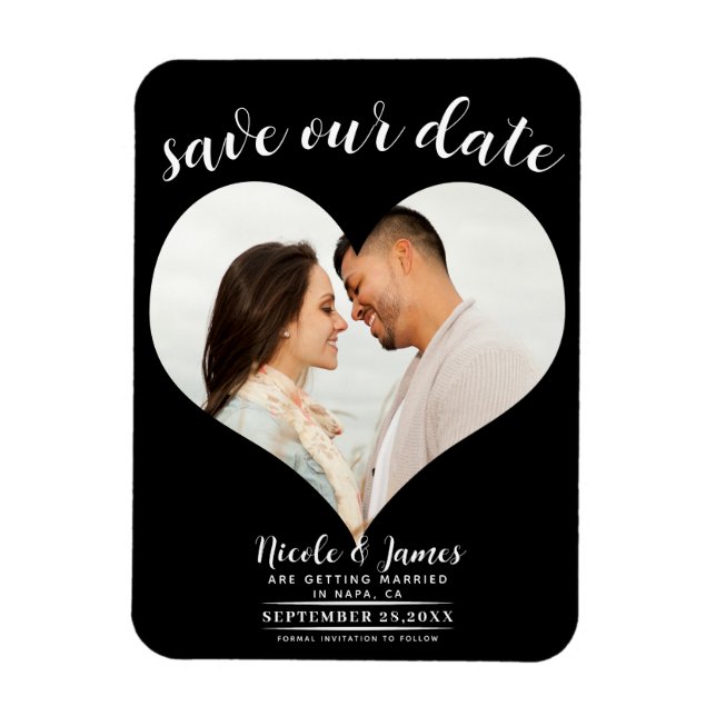 Magnet Flexible Mariage Photo Black Heart Enregistrer la Date (Vertical)