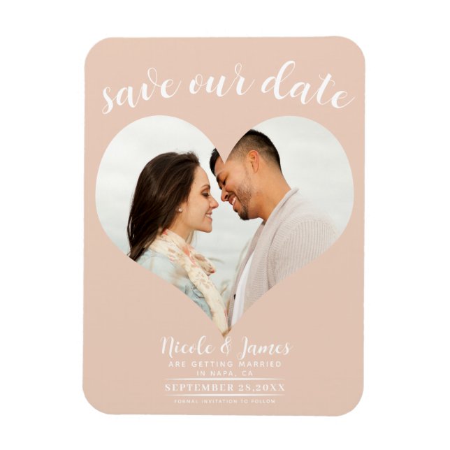 Magnet Flexible Mariage photo Coeur Pêcher Enregistrer la date (Vertical)